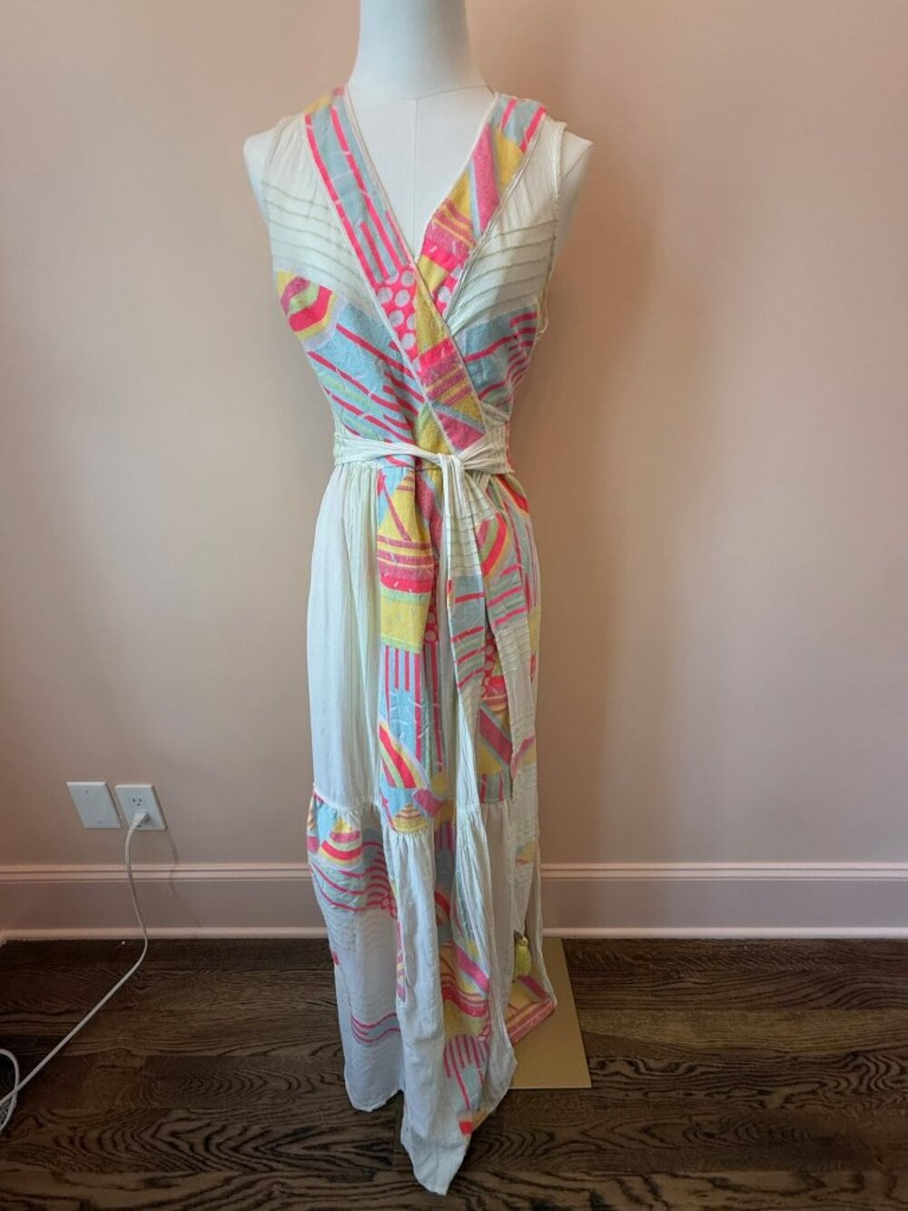 NEMA Resort Wear Colorful Print Tassel Maxi Wrap Dress Size S
